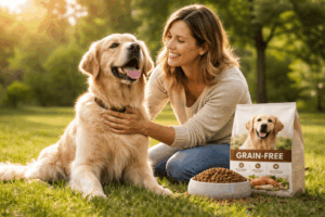un chien profitant des bienfaits de ses croquettes sans céréales