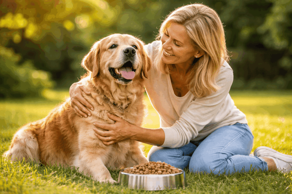 un chien senior profitant des bienfaits des croquettes