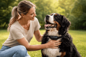 un gros chien portant son collier anti aboiement