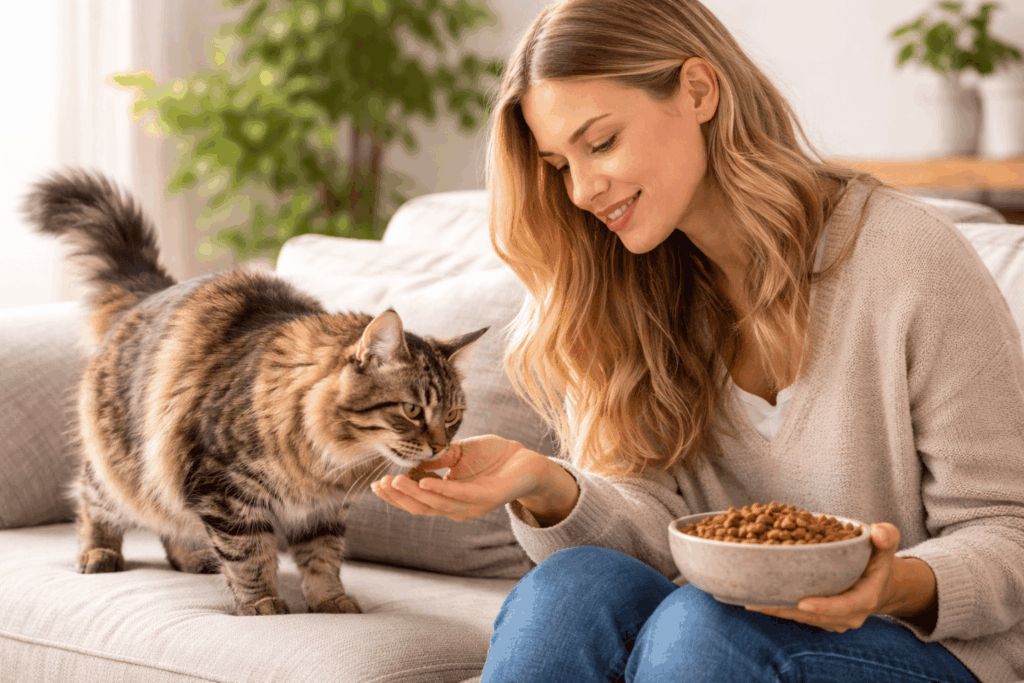 Femme nourrissant son chaton tabby avec des croquettes