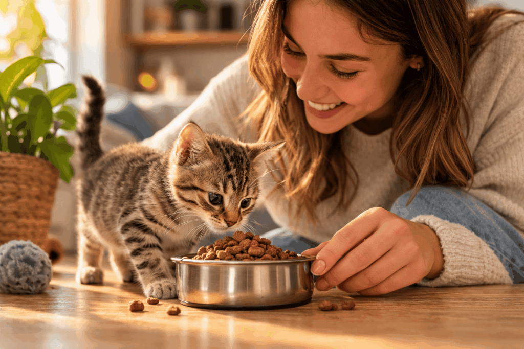 femme nourrissant son chaton avec les croquettes pour chaton