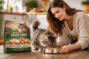 un chat dégustant ses croquettes sans céréales