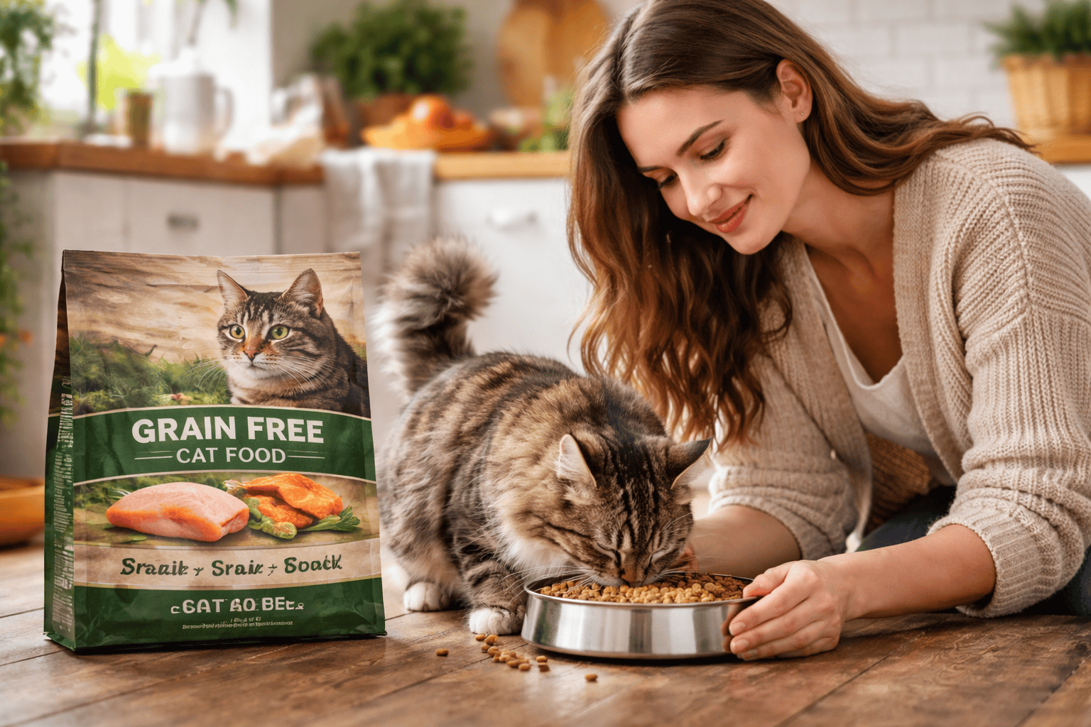 un chat dégustant ses croquettes sans céréales