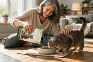 un chat senior mangeant ses croquettes