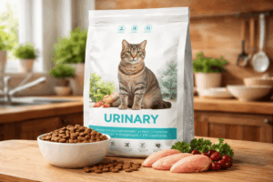 un chat souffrant de problèmes urinaires soulagé grâce à ses croquettes