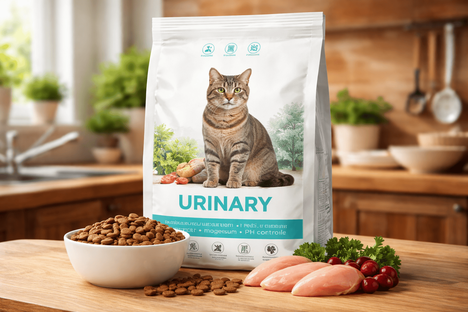 un chat souffrant de problèmes urinaires soulagé grâce à ses croquettes