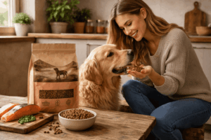 un chien dégustant ses croquettes au saumon pour chien