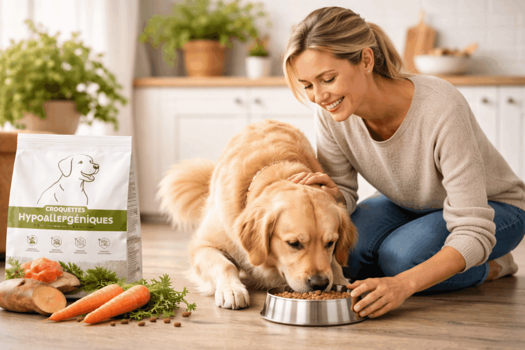 un chien soulgé grâce a ses croquettes hypoallergéniques
