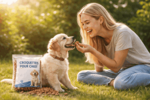 un chiot mangeant ses croquettes