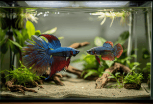 Deux poissons combattants Betta dans un aquarium tropical moderne