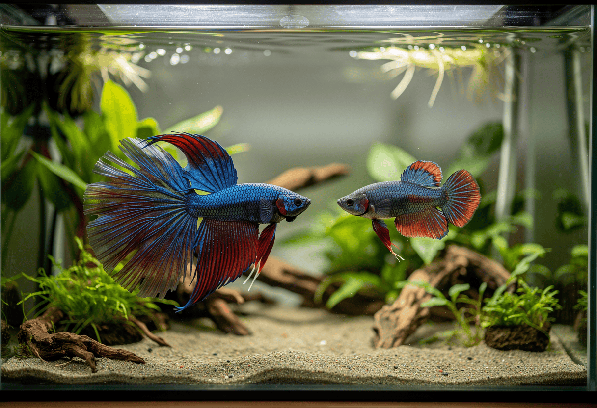 Deux poissons combattants Betta dans un aquarium tropical moderne